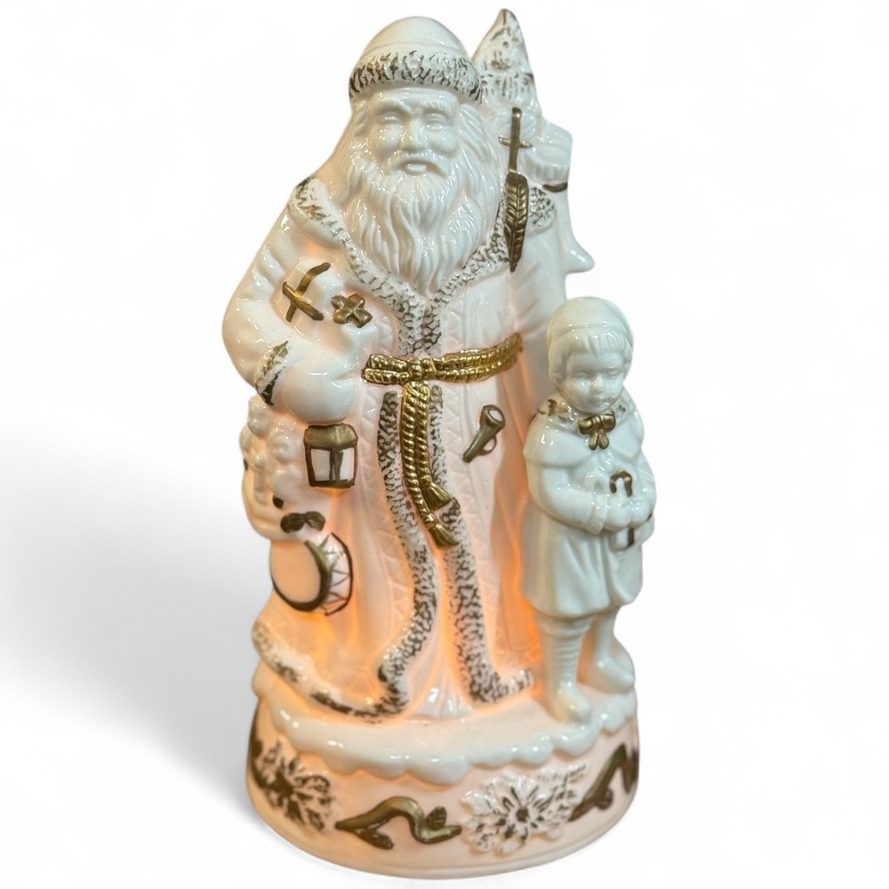 Vintage Light-Up Santa Claus with Child Christmas Figurine 9" Gold